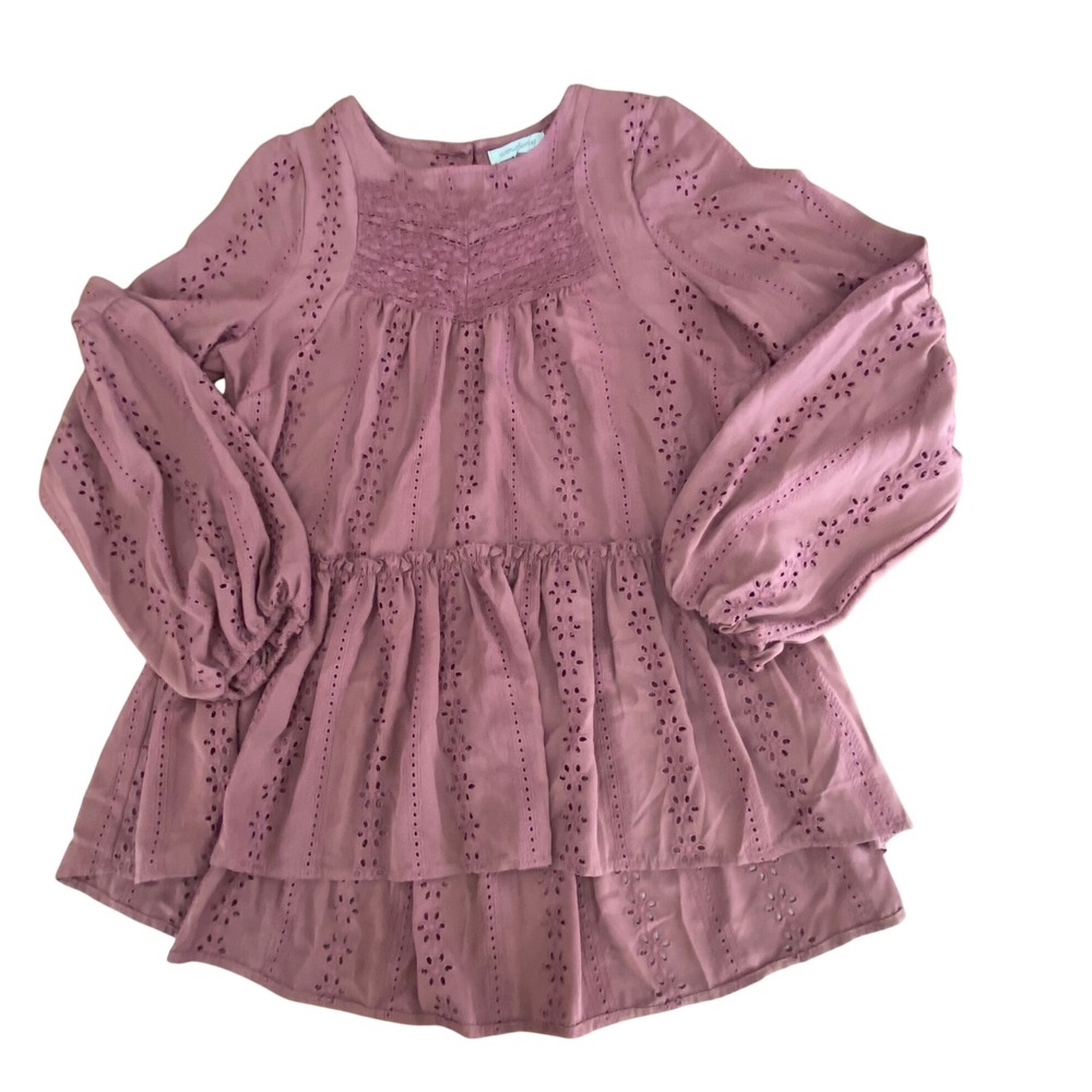 Wonderly Mauve Rose Eyelet Peplum Top Long Sleeve Square Neck Blouse XS